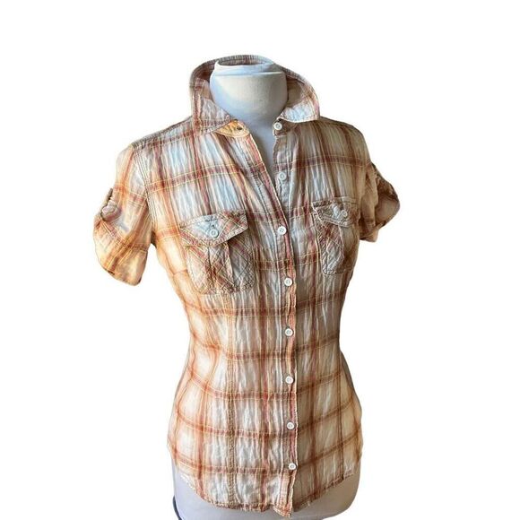 Carhartt Plaid Short Sleeve Button Up, XS. Pink/cream/khaki. Textured gorpcore - Picture 13 of 16